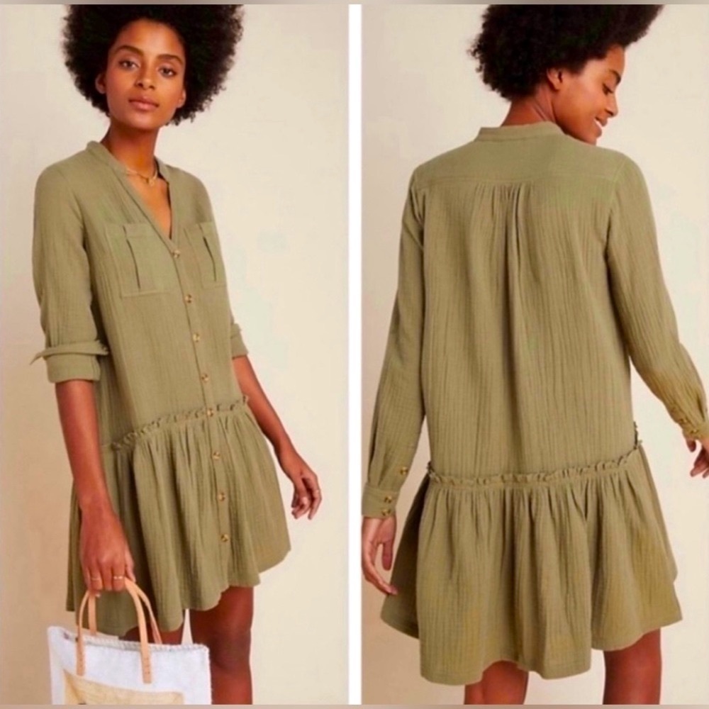 Anthropologie Maeve Katie Textured Utility Tunic Olive Army Green Dress Size 14